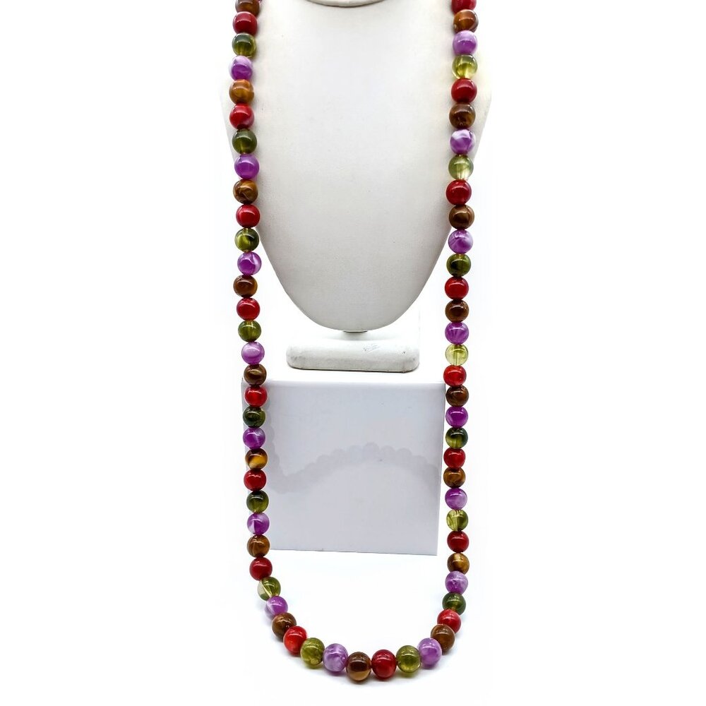 Vintage Lucite Beaded Necklace with Multicolor Beads, Long Strand in Muted Autum
